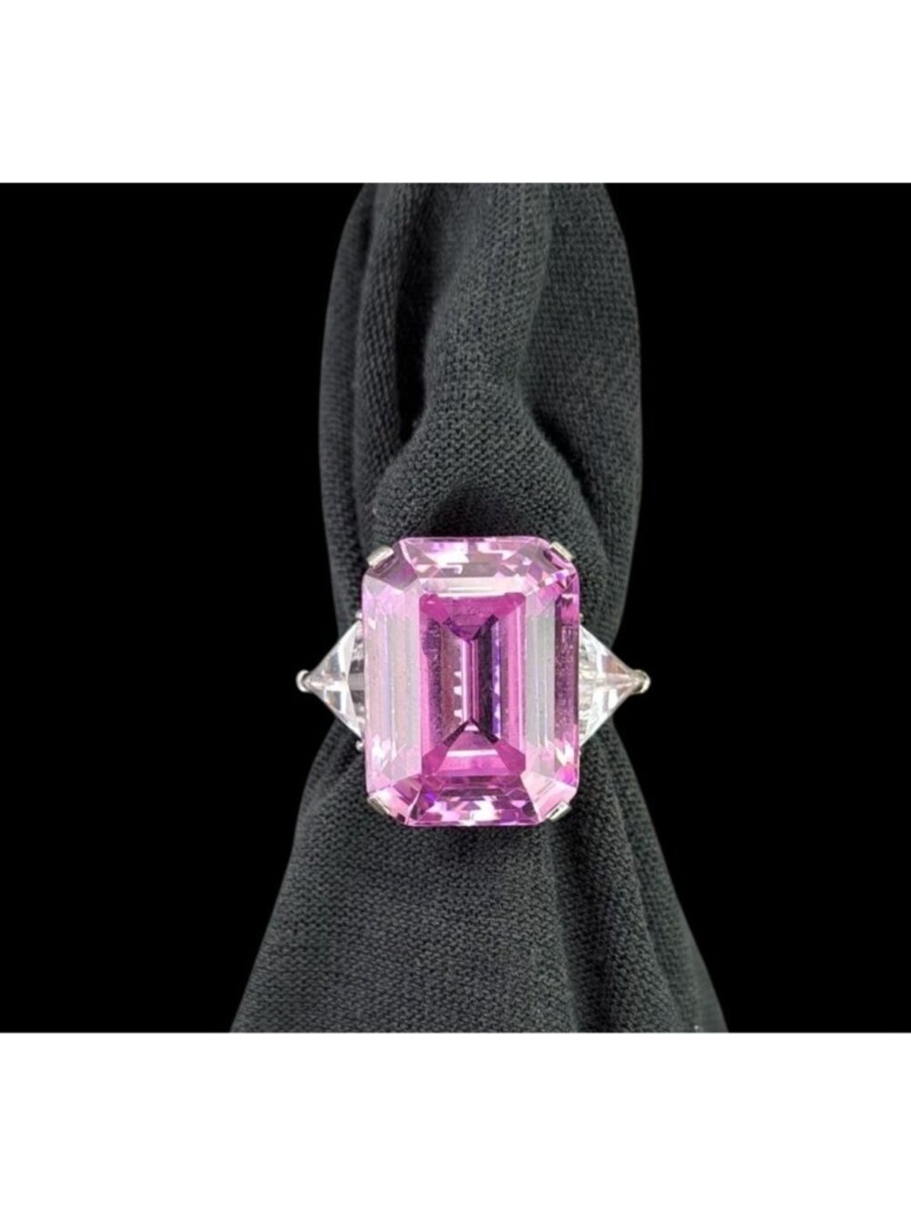 Sterling Silver 925 Stauer Big Emerald Cut Pink & Clear Gemstone Ring US Size 10